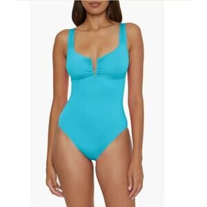 Becca Shirred V-Wire One Piece Swimsuit Women's Tie-Back Pool Blue Size M